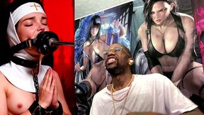petite nun praying while a huge black dildo machine stuffs her mouth, ai generated