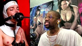 petite nun praying while a huge black dildo machine stuffs her mouth, ai generated