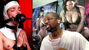petite nun praying while a huge black dildo machine stuffs her mouth, ai generated
