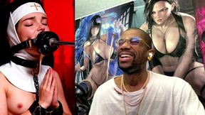 petite nun praying while a huge black dildo machine stuffs her mouth, ai generated