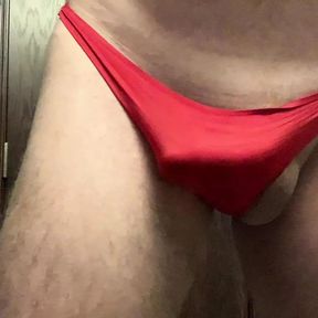 Jerking in red thong to sexy pics