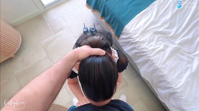 Maid chokes on thick cock in luxury hotel deep throat blowjob