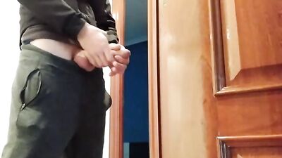 Handjob From Hot Amateur Guy With Big Cock, Shoots At The Door