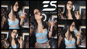 Enjoying a smokey drink while wearing lingerie and a lace robe