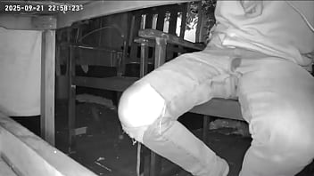 Amateur boy caught on night vision cam peeing himself sitting at the garden table (he totally wets his pants) )