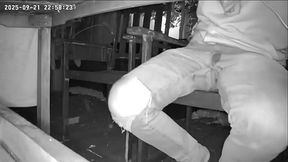 Amateur boy caught on night vision cam peeing himself sitting at the garden table (he totally wets his pants) )
