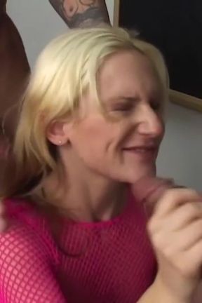 Blonde MILF swallows massive cum after sucking a huge cock