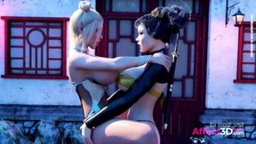 Two horny&#x1F975; Asian futanari chicks bang their BBC-hung cocks simultaneously in a virtual sex romp