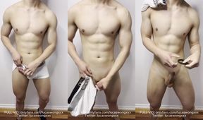 Fit Asian jock gets strapped in tighty whities soaked in messy cumshot