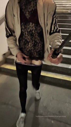 Crossdresser in Public Place Jerking off Cock