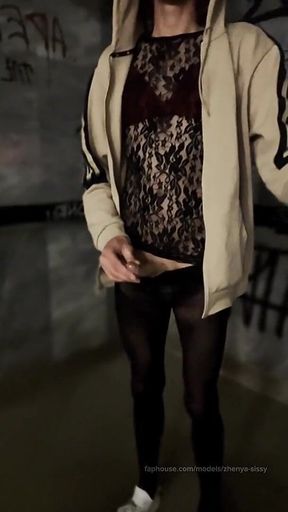 Crossdresser in Public Place Jerking off Cock