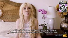 Fragile platinum-blonde forgets her groom to enjoy fuck-fest with his stepdad with diminutive tits