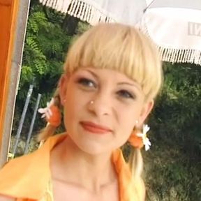 Cute German blonde rides dick in front of the A-frame house