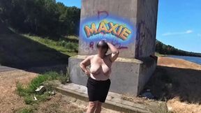 Showing off my big tits on a bike path.