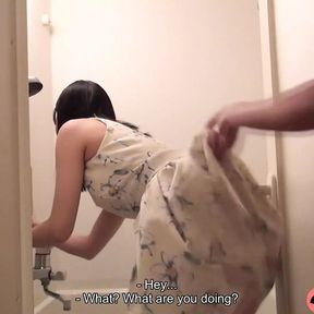 Japanese brunette Mai Araki sucks a man&#039;s dick in the bathroom uncensored.