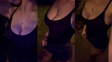 POV Milf flashing big natural tits in pantyhose walking alone