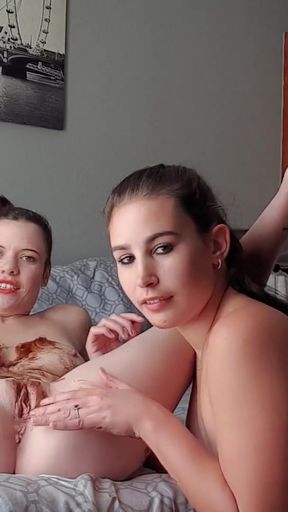 Chubby slut licking chocolate sauce off of petite lesbian's body, pussy eating, rimjob   Clip 1