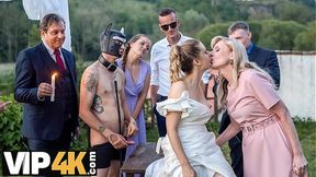 Kinky bride in wedding dress gets fucked by masked groom in hound costume