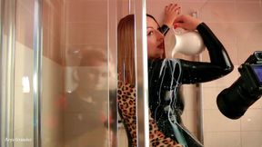 Latex Rubber Leopard Print Catsuit and Milk in the Bath. Curvy Fetish MILF Teasing.