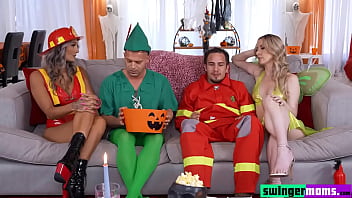 Canceled special night halloween ends in sex exchange with the stepson of each of the horny stepmothers in a lusty foursome.