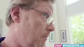 Lesbos Lily Glee and Audrey Hempburne pussy stretched by older dudes dicks