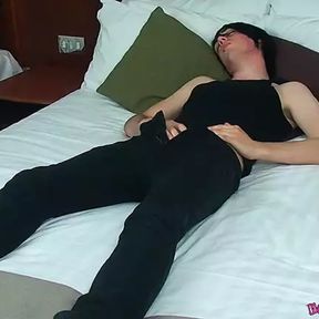 Petite British emo Ashley Hawkes tugs his long uncut cock