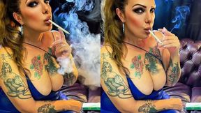 Custom - Beautiful smoker in a blue PVC dress, perfect makeup and ponytail - Residual exhales - Cough - Misty Menthol 120