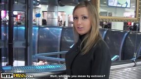 Skanky blonde babe fucks a guy in a store