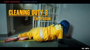 Cleaning Duty 3: The Trustee -Convict inmate trustee Kora Summers sweeps and scrubs the floor while shackled and wearing yellow scrub prisoner uniform while barefoot -4K -MP4