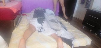 Sensual massage of a sexy couple with oil on the body. Foreplay in the bedroom with an amateur couple.