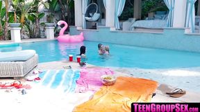 Two dyke teens lick each other's pussy by the pool