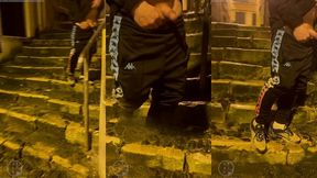 amateur boy catches his friend pissing in the street and touches his cock