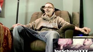 JoeSchmoeXXX.com - Nerdy looking amateur dude with glasses strips and jerks off his c