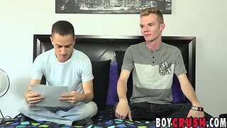 Thin blond boy interviewed before tugging his chubby dick