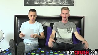 Thin blond boy interviewed before tugging his chubby dick