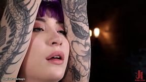 Tattooed slave Charlotte Sartre is bound in standing position with one leg bent in knees gets fingered and whipped then pussy fucked with dildo on a stick by master The Pope on hogtied