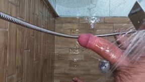 At My Stepmom's House. I Cummed in the Shower Showing My Big Cock - Very Risky Handjob