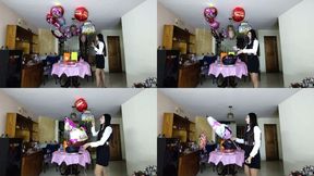 Angry Woman Balloon Popping Helium Balloons Burst, Deflation POV