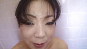 Hot bathroom milf sucks cock