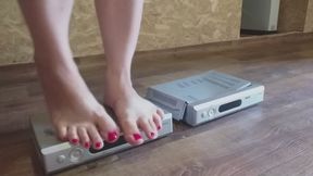 wife cute stepping on tv satellit and crush it