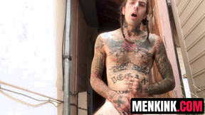 Inked dude Ruckus giving his long horny BONER a RAVIGING handjob