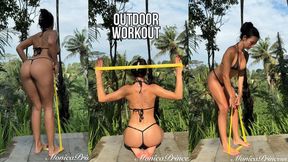 Outdoor workout for back, arms and ass in micro bikini