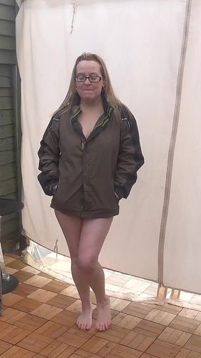 Flashing in the Yard in Tan Pantyhose and Coat