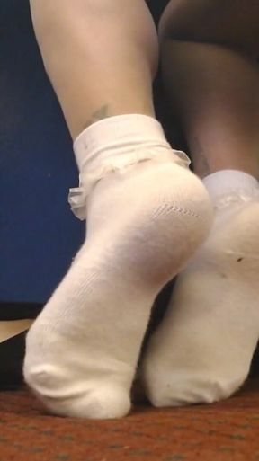 Closeup Ruffled Socks Pantyhose Ballet Flats Tease