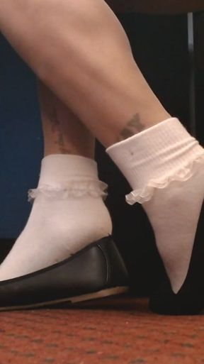 Closeup Ruffled Socks Pantyhose Ballet Flats Tease