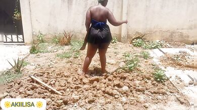 African curvaceous girl gardening with her thick bare ass showcased in tiny skirt