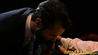 Bearded businessman in suit sucks and rides big cock before hard anal