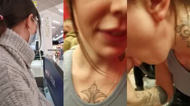 blowjob in the fitting room of the store next to the security guard! Public sex