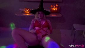 young witch riding hard on her halloween night