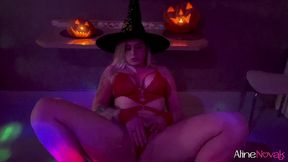 young witch riding hard on her halloween night